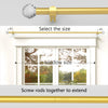 A gold-colored crystal accent curtain rod is shown with screw rods used to extend its size, positioned above a window.