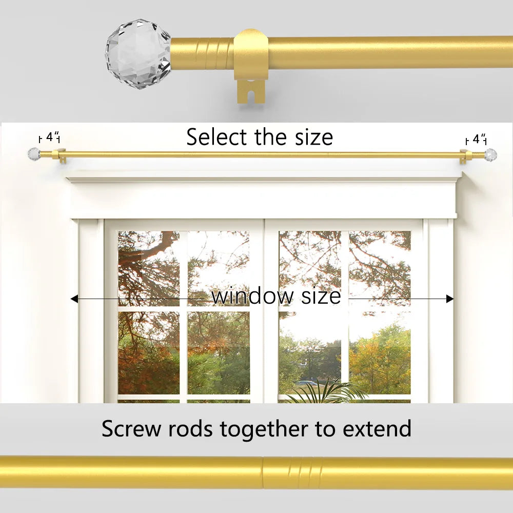A gold-colored crystal accent curtain rod is shown with screw rods used to extend its size, positioned above a window.