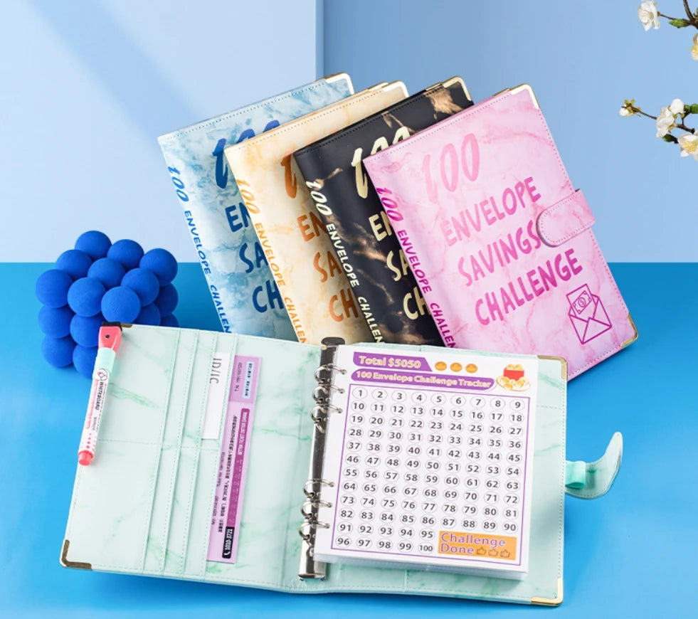 Marble A5 Savings Challenge Binder with 100 Cash Envelopes