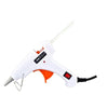 A white hot melt glue gun with a clear glue stick is shown against a white background.