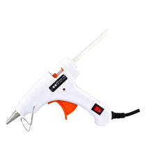A white hot melt glue gun with a clear glue stick is shown against a white background.