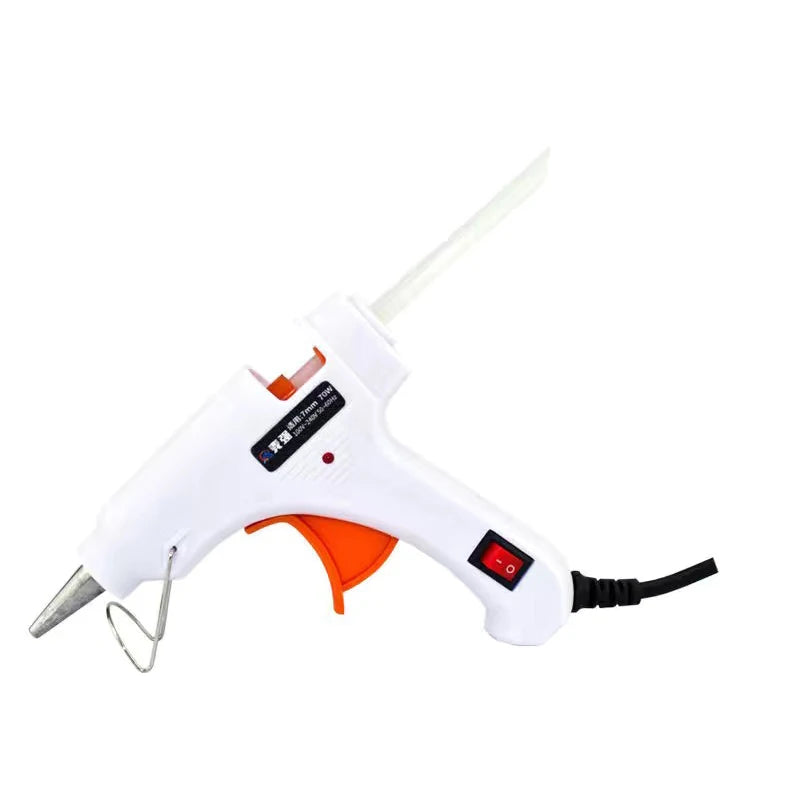 A white hot melt glue gun with a clear glue stick is shown against a white background.