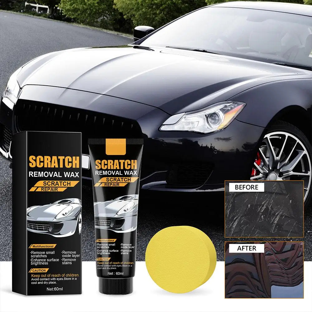 A black car is shown next to a tube of scratch repair wax for restoring gloss and removing light scratches.