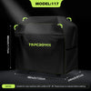 Black waterproof BBQ grill cover with reflective strips shown from the top view.