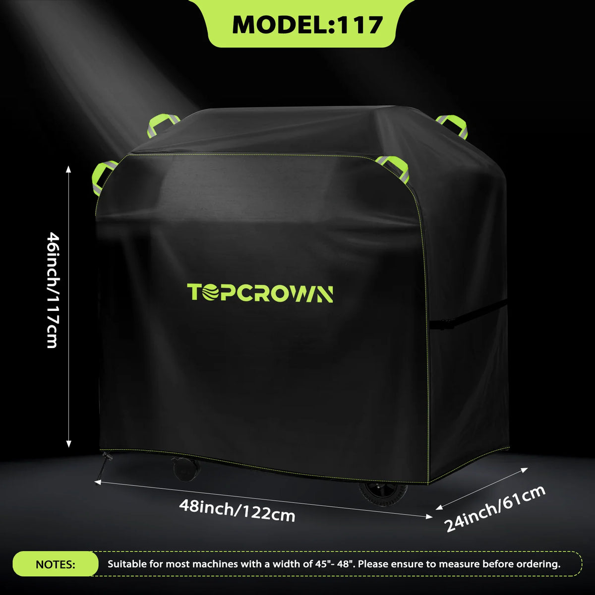 Black waterproof BBQ grill cover with reflective strips shown from the top view.