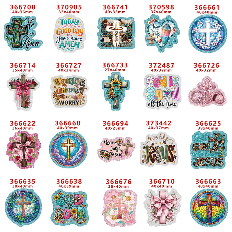 A set of ten acrylic hair bow decorations featuring various crosses, Jesus themes, and religious symbols in colorful designs.