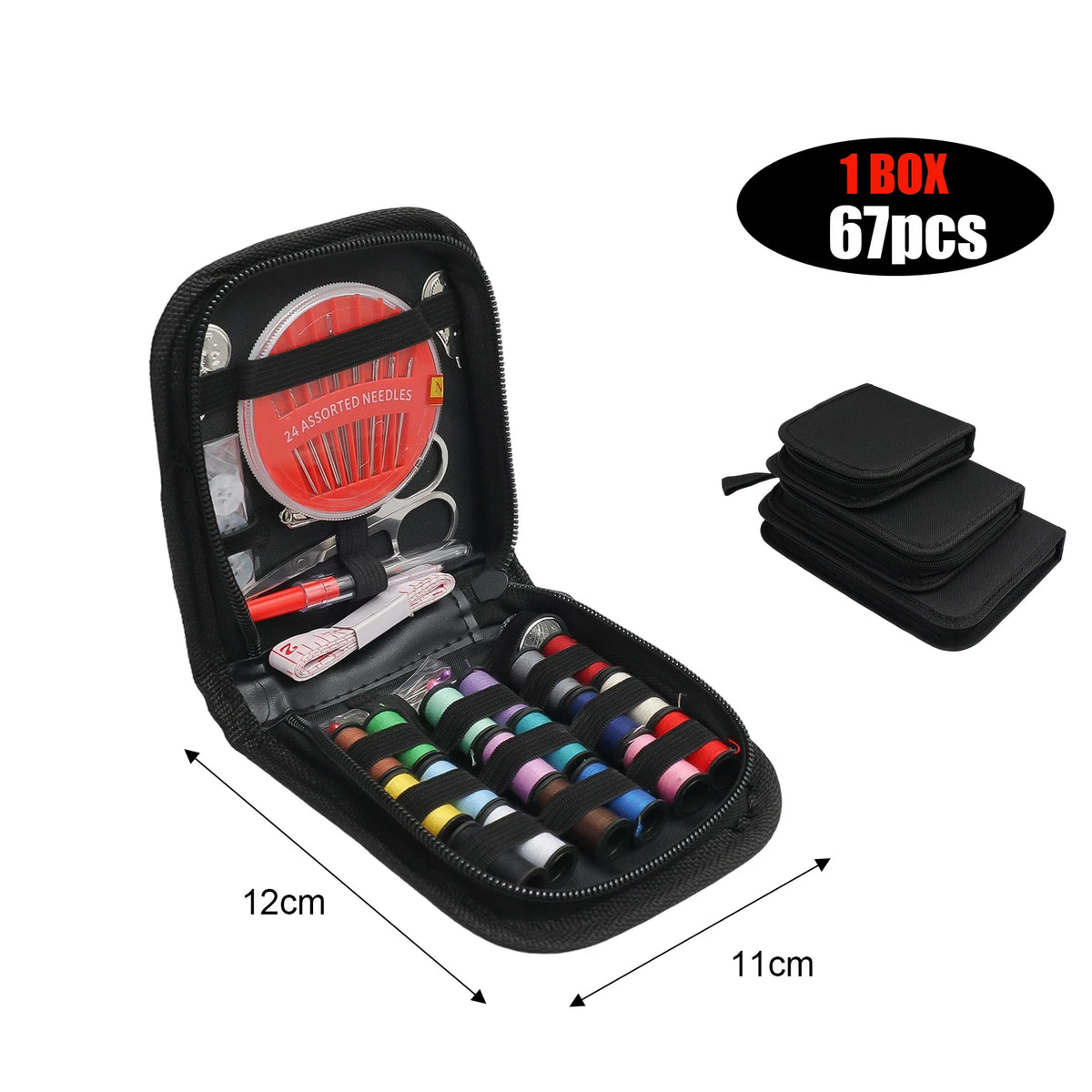 A portable multi-function sewing kit box showing assorted needles, threads, and tools.