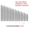 Assortment kit of 270 stainless steel watch spring bars with an 8mm-25mm size and 1.8mm thickness.