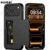 A black slim protective phone case featuring a hidden card holder and a smartphone display.