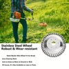 A person is using a stainless steel wheel weed wacker for clearing weeds from grass or moss on the ground.