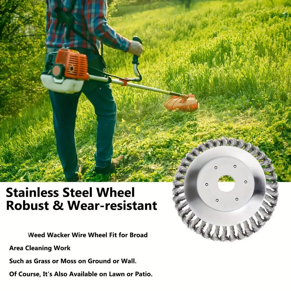 A person is using a stainless steel wheel weed wacker for clearing weeds from grass or moss on the ground.
