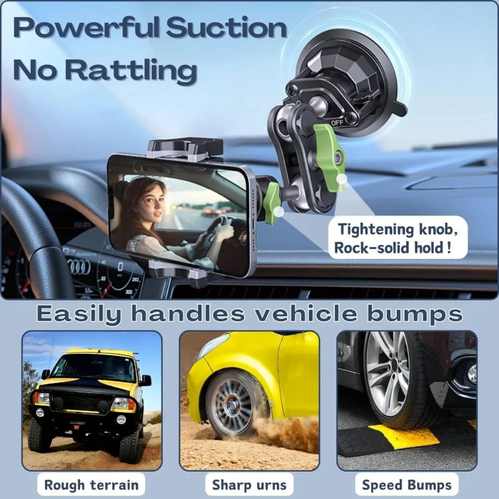 A suction cup phone mount is shown being used to easily handle vehicle bumps on rough terrain, sharp urns, and speed bumps.
