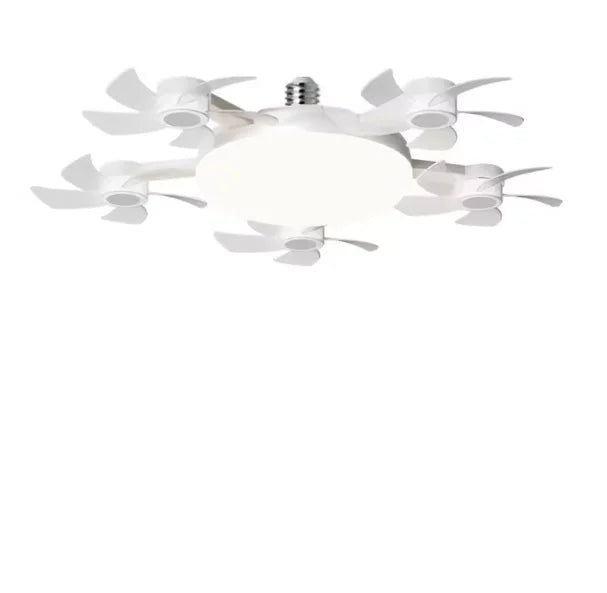 A white remote control LED ceiling fan with multiple blades and a central light fixture.