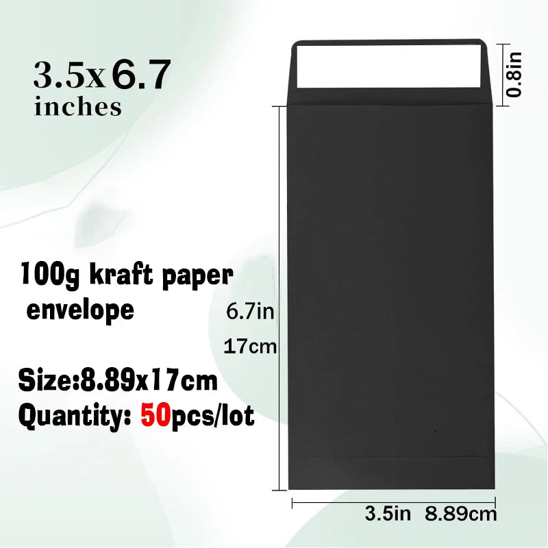 Black kraft paper envelopes, 3.5x6.7 inches, sold in a lot of 50 pieces.