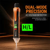 An orange and black dual-mode precision AC voltage detector pen with an H/L toggle switch is shown on a wooden surface.