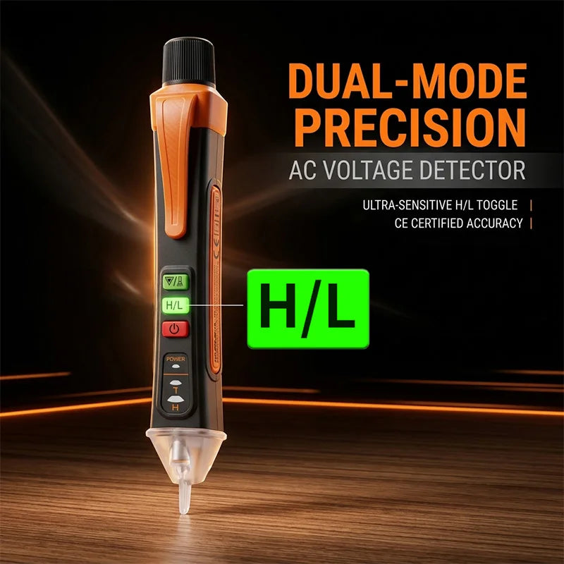 An orange and black dual-mode precision AC voltage detector pen with an H/L toggle switch is shown on a wooden surface.