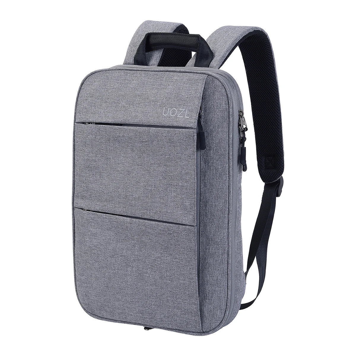 A gray slim expandable laptop backpack with padded protection and a black strap.