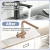 Before and after comparison showing a faucet mat preventing water splashes on a kitchen countertop.