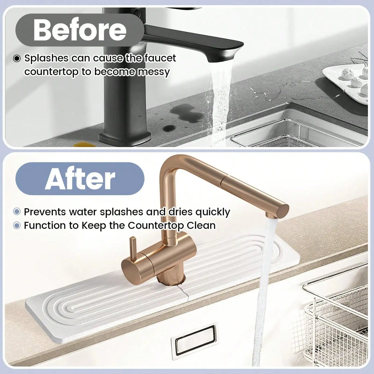 Before and after comparison showing a faucet mat preventing water splashes on a kitchen countertop.