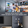 A close-up of a gray refrigerator door with a safety lock installed, demonstrating child safety features.