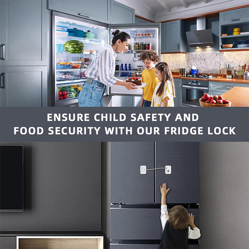 A close-up of a gray refrigerator door with a safety lock installed, demonstrating child safety features.