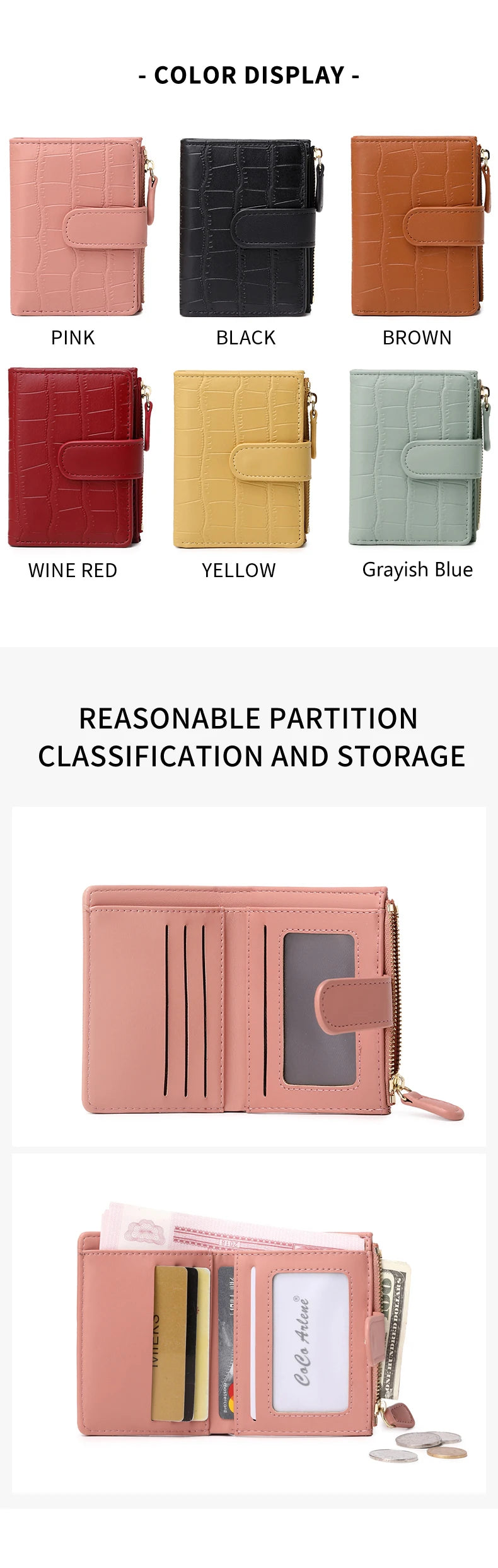 A collection of women's minimalist croc-embossed PU leather bifold wallets in various colors including pink, black, brown, ye