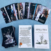 A stack of Spill Tea Oracle Card Deck featuring various cards with dark and light backgrounds.