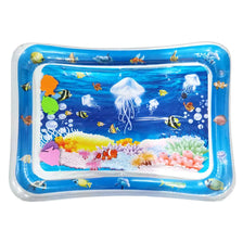 A blue inflatable baby water play mat filled with various floating sea creatures and toys.