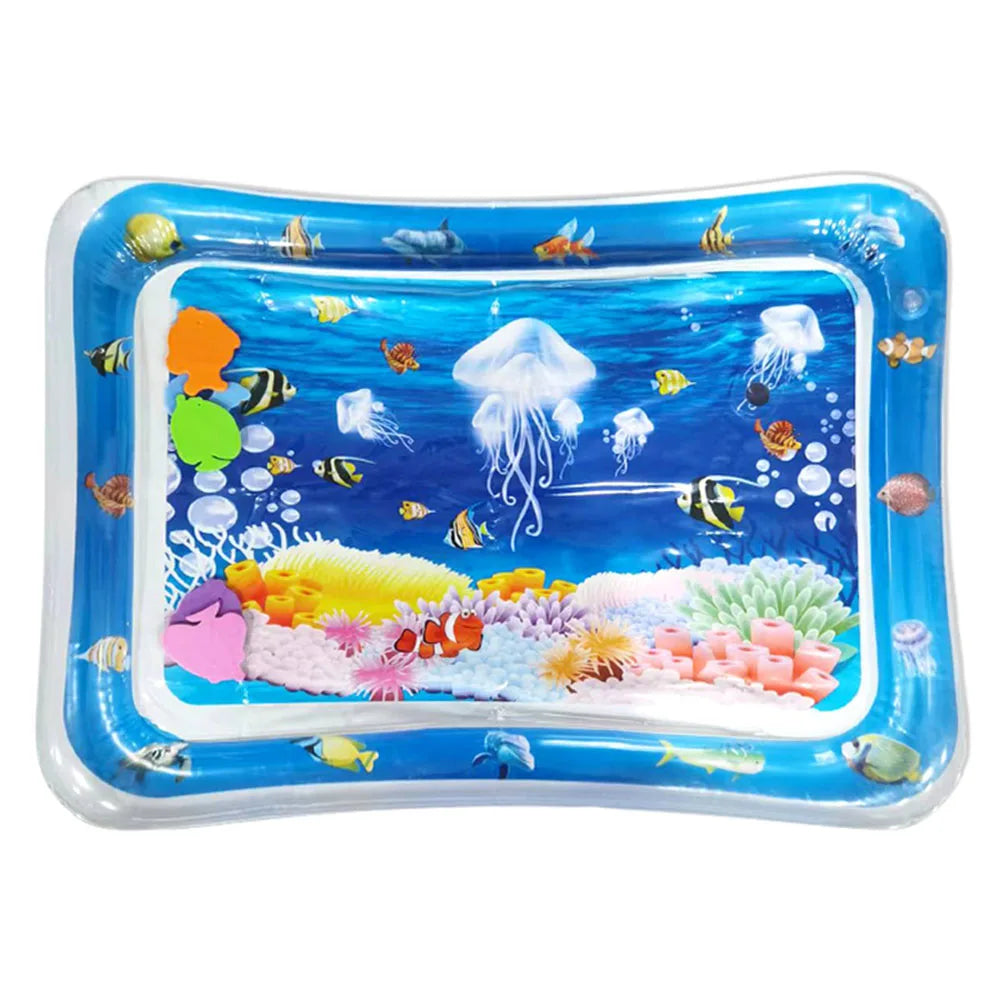 A blue inflatable baby water play mat filled with various floating sea creatures and toys.