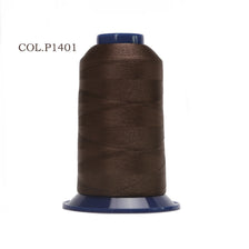 A spool of dark brown polyester embroidery thread labeled COL.P1401.