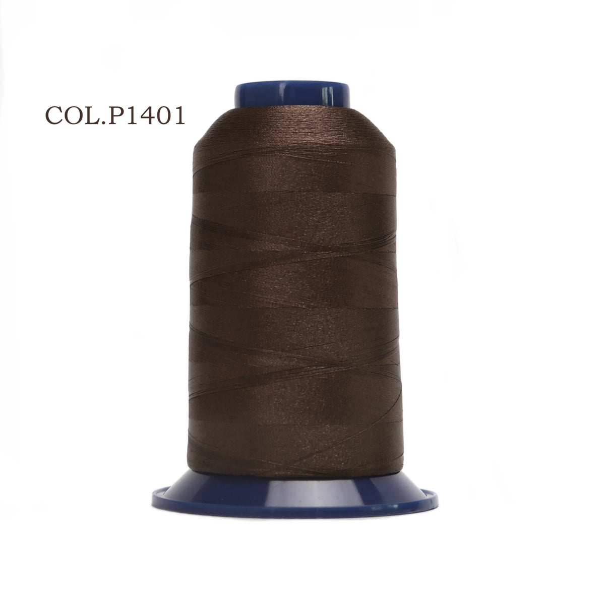 A spool of dark brown polyester embroidery thread labeled COL.P1401.