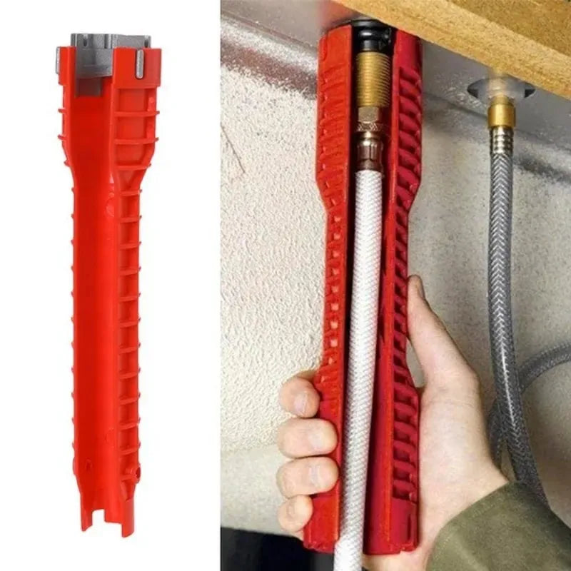 A red multifunctional faucet and sink wrench set is shown next to a hand holding the tools above a sink.