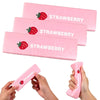 Pink squishy strawberry shaped fidget toy with the word STRAWBERRY printed on it