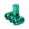 A set of four green aluminum alloy wheel tire valve caps with a hexagon design.
