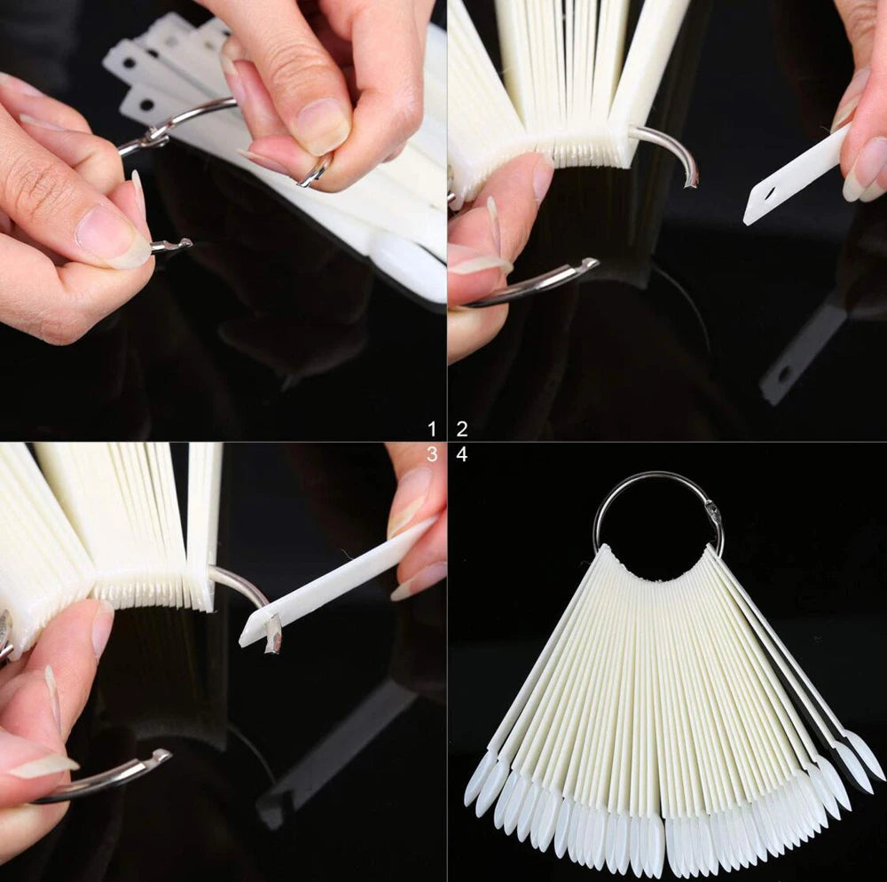Hands demonstrate using a clear acrylic false nail tips kit for practice and display.