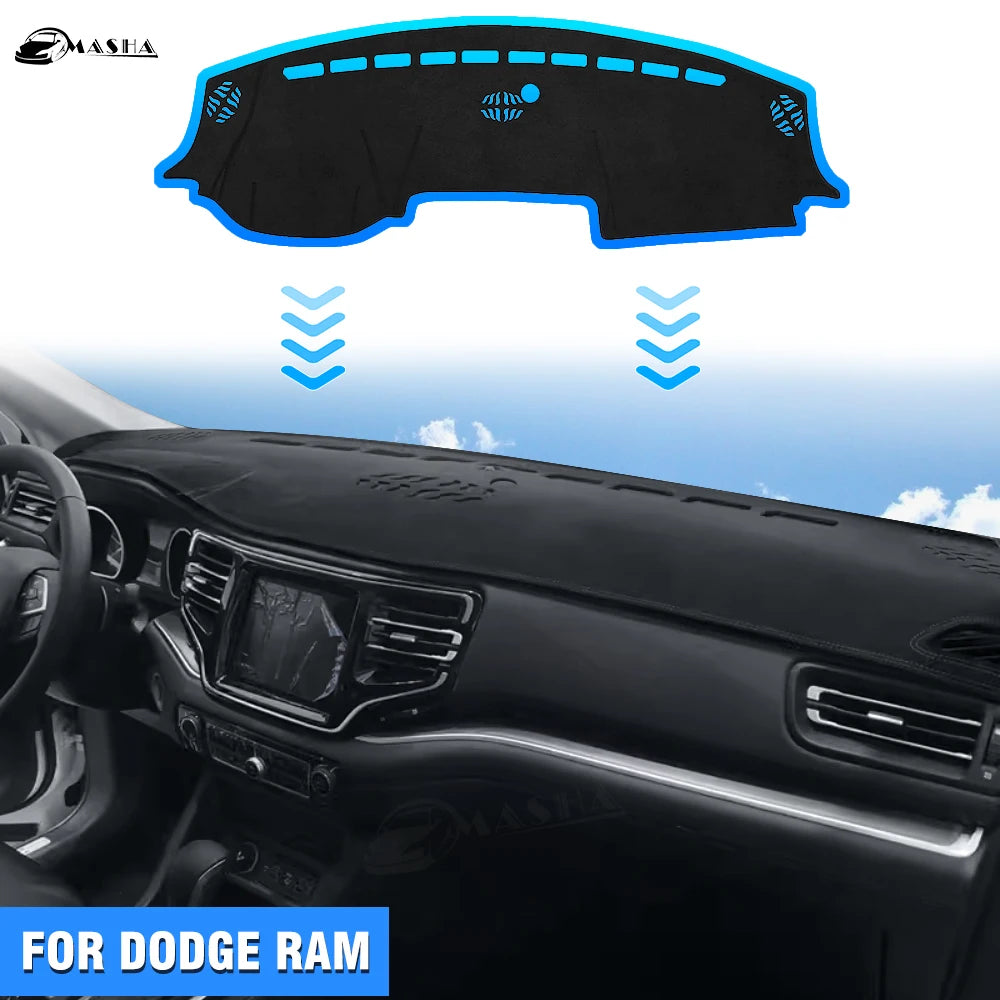 Black custom fit dash cover for Dodge Ram vehicle interior