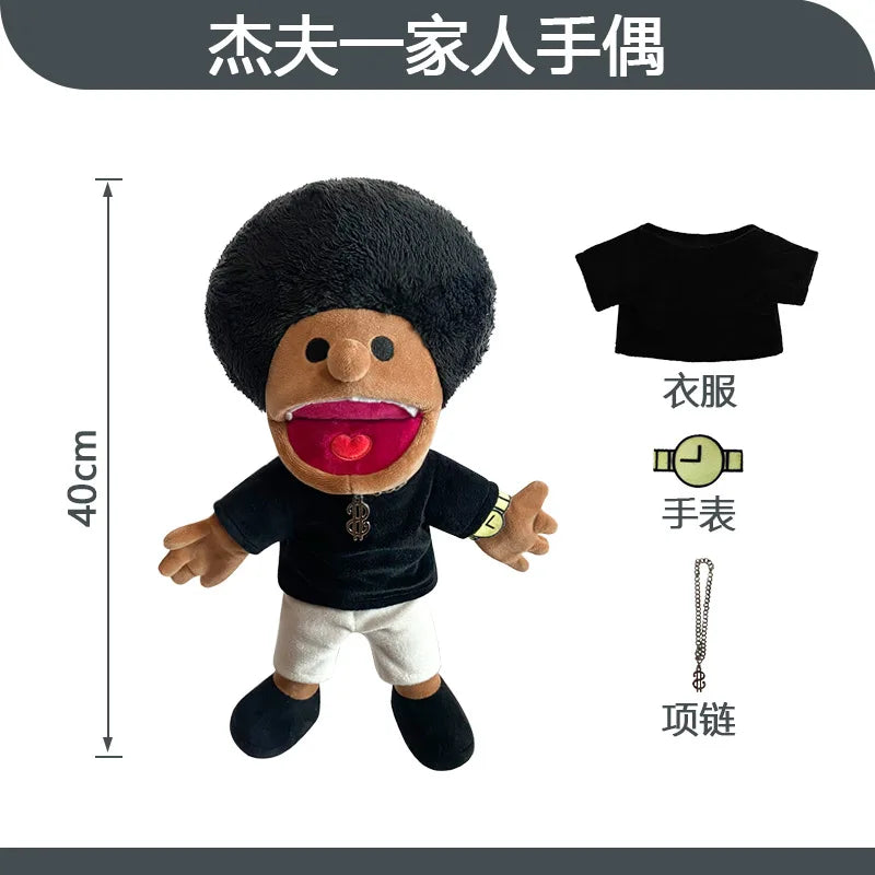 A plush toy of a zombie boy with black hair and clothing, featuring hand puppet components.