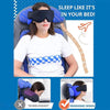 A woman is shown using a black sleep mask and neck pillow for travel or sleep, highlighting its ergonomic design.