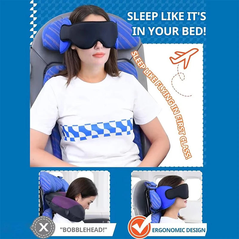 A woman is shown using a black sleep mask and neck pillow for travel or sleep, highlighting its ergonomic design.