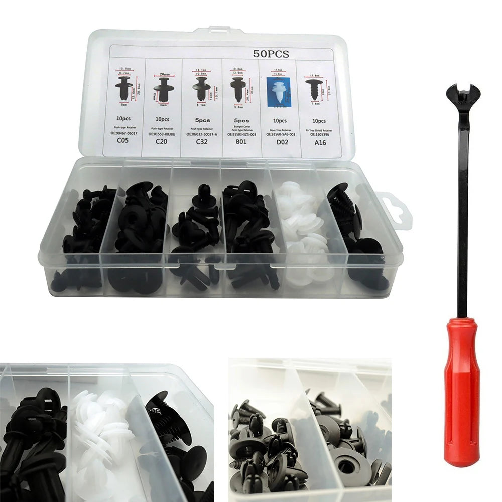 An assortment of black and white universal car bumper and trim fastener clips with an installation tool.