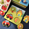 A set of wooden alphabet and number peg puzzles for toddlers featuring colorful shapes and natural wood.