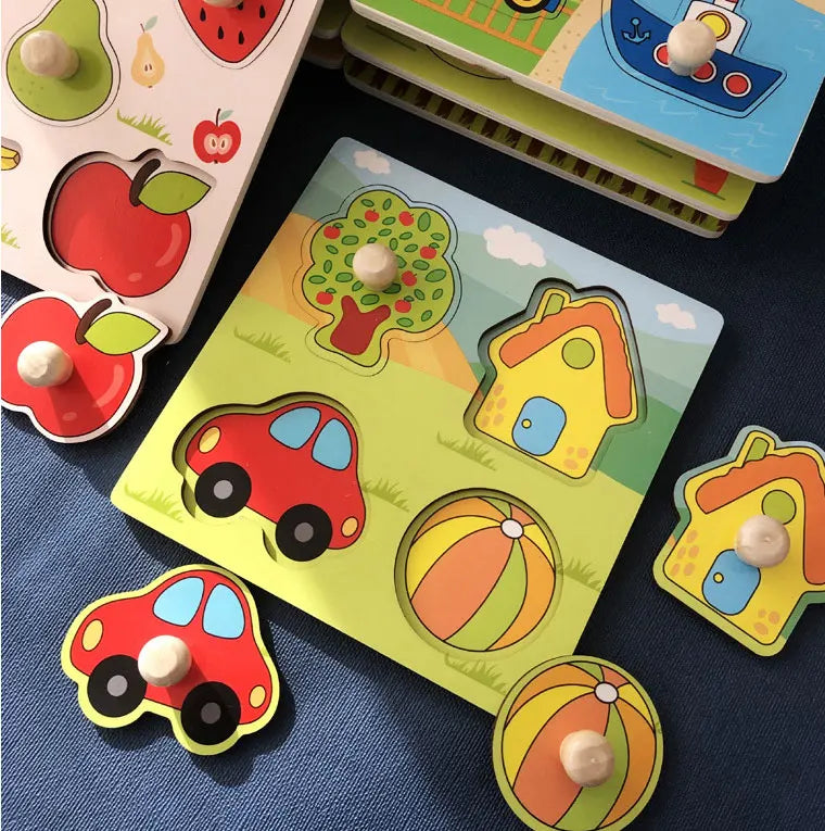 A set of wooden alphabet and number peg puzzles for toddlers featuring colorful shapes and natural wood.