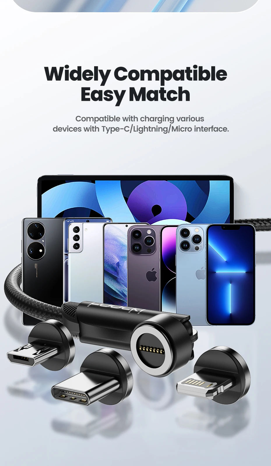 A magnetic fast charging cable shown with various smartphone devices, including iPhones and Android phones.