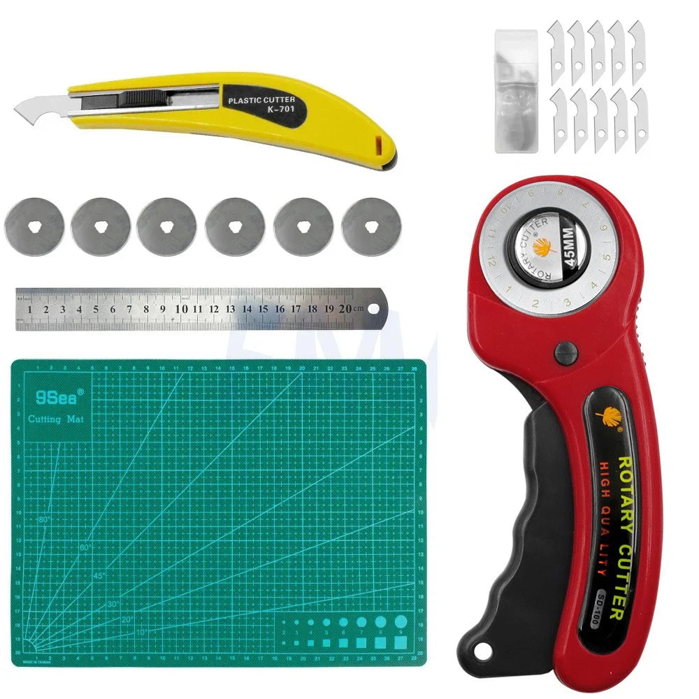 A set of 45mm rotary cutter sewing kit including a cutter, cutting mat, ruler, and spare blades.