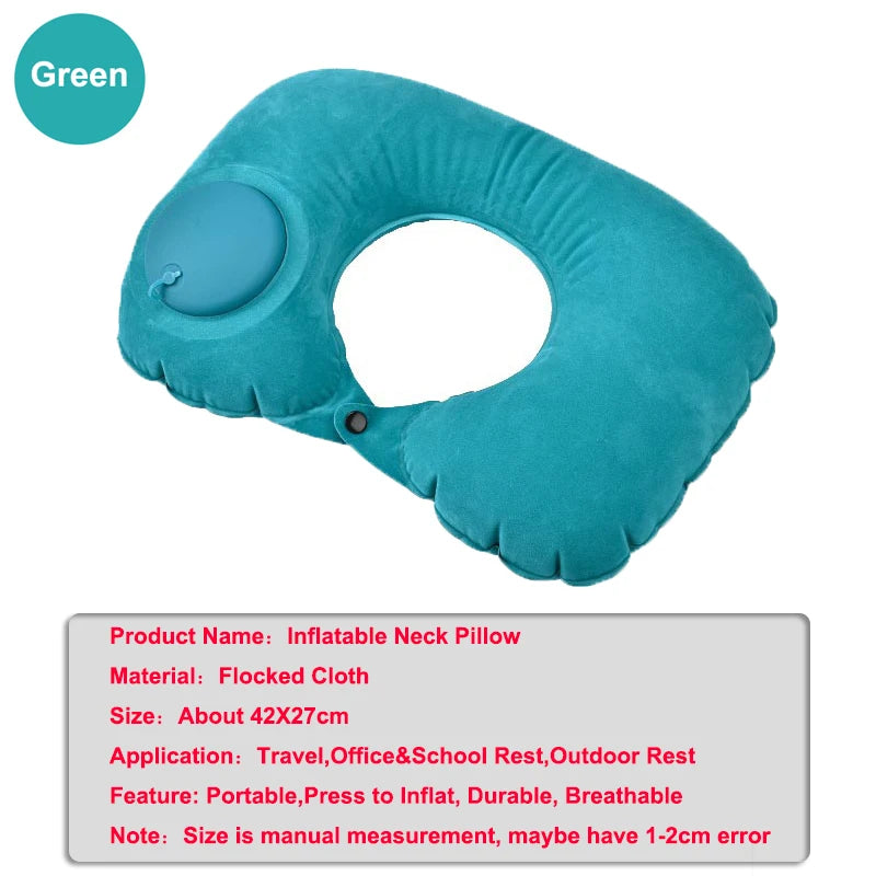 A teal inflatable U-shaped neck pillow designed for travel, office, or school rest.