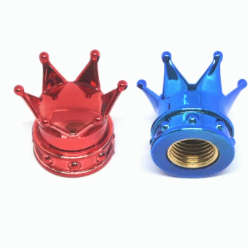 A set of four universal crown valve caps, including a red and a blue version.