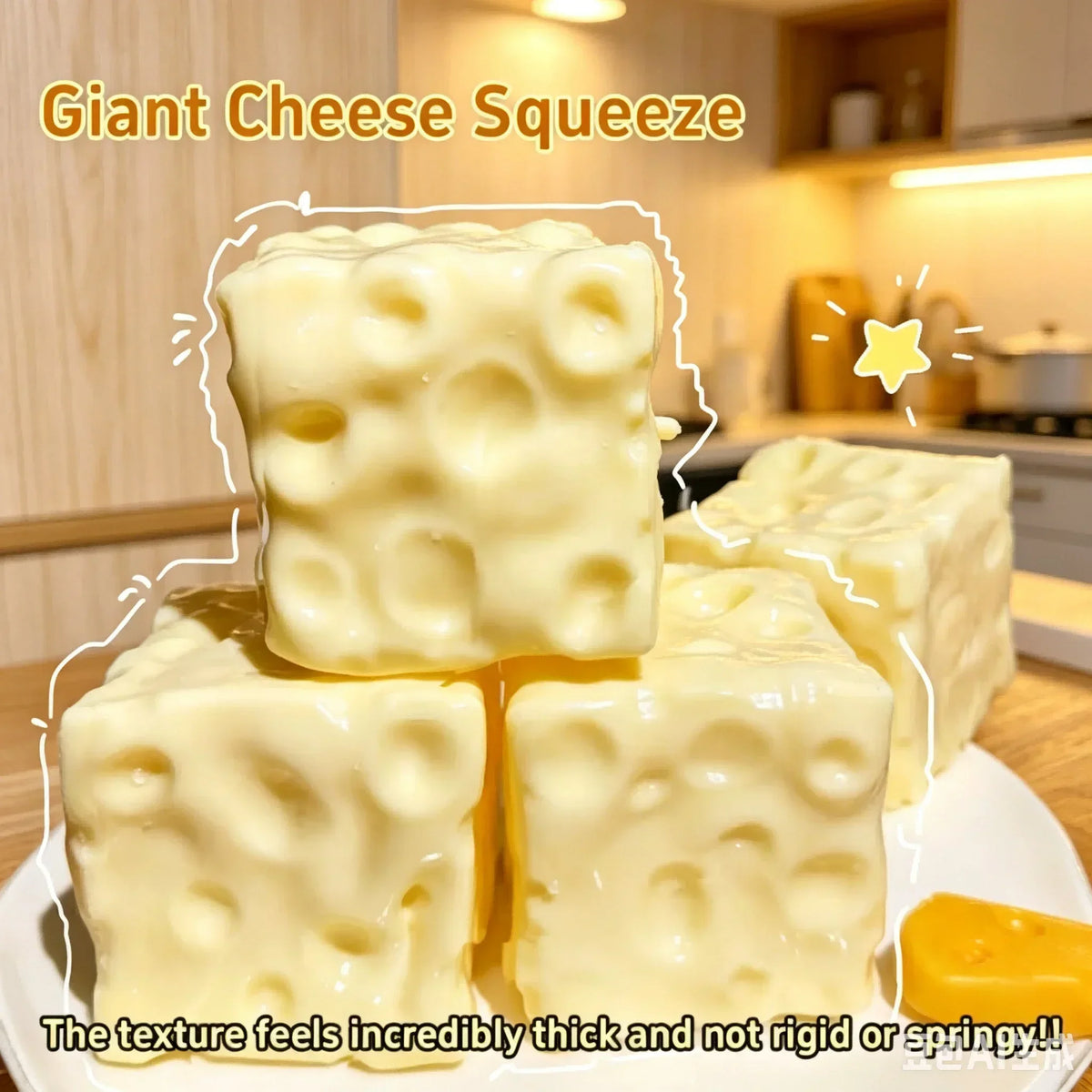 Giant cheese squeeze toy showing several blocks of thick yellow cheese-colored squishy material