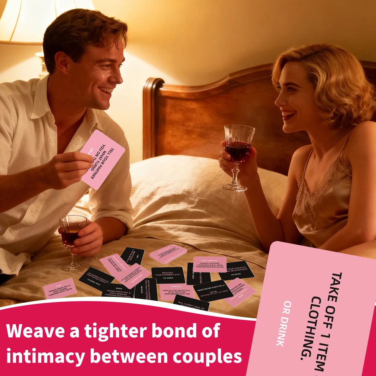 A couple smiling while playing a drinking game with cards in a warm, intimate setting.