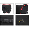 Black memory foam car headrest pillow with adjustable strap and zipper detail.