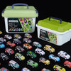 A collection of die-cast pull-back cars in various colors and models displayed alongside their storage case.